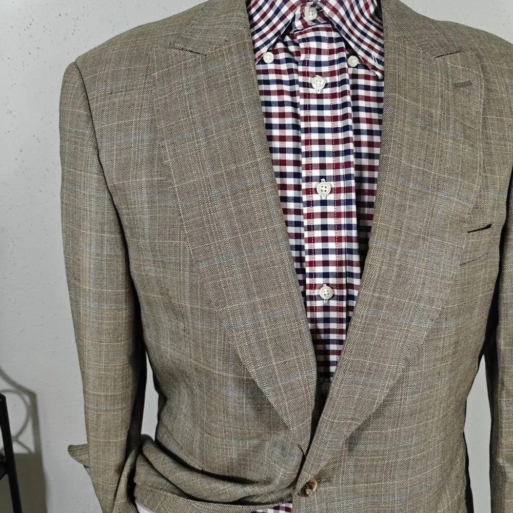 Apollo King Men's Sport Coat Blazer Single Button Brown Plaid 150s Wool Peak 42R